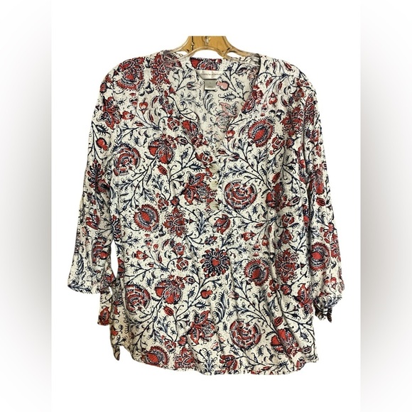Christopher & Banks Top Size L 3/4 Tie Sleeves Floral Linen Blend Blue R… - Picture 1 of 9